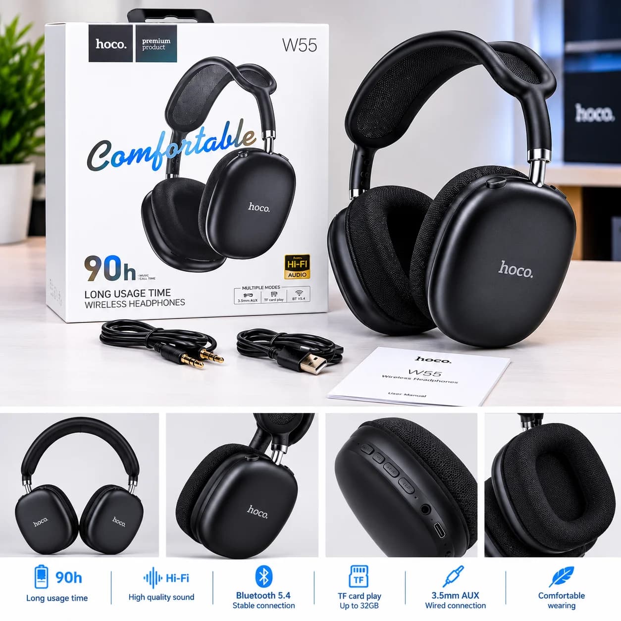 سماعات لاسلكية HOCO W55 – صوت Hi-Fi واستقلالية طويلة